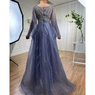 Ships in 1 to 3 Days - 2024 Blue A-Line Evening Gown: Arabic-Inspired Beaded Detail with Long Sleeves for Women's Wedding Celebrations