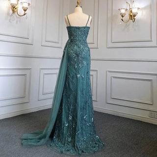 Green Spaghetti Straps Mermaid Evening Dress 2024 with High Split and Beaded Elegance - Ideal for Women's Parties