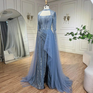 2024 Blue Mermaid Evening Gowns Luxury Beaded High Split Cape Sleeves Long Dresses for Women's Wedding Party