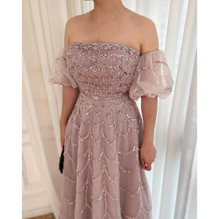 Arabic Pink A-Line Strapless Evening Gown: Beaded Long Dress for Women's Wedding Party 2024