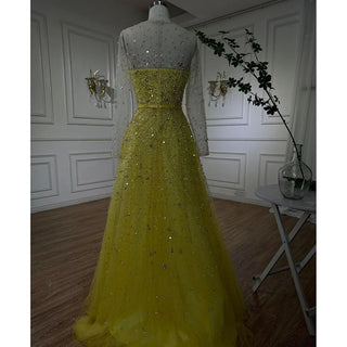 Arabic Yellow Illusion High Split Luxury Beaded Dubai Evening Dress: Elegant Gown for Women's Wedding Party 2024