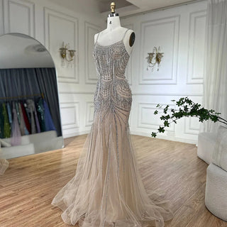 Ships in 1 to 3 Days - 2024 Silver Nude Spaghetti Strap Mermaid Evening Dress - Luxury Beaded Tassel Gown for Formal Occasions