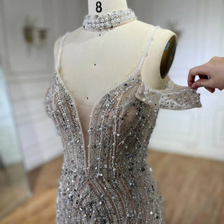 Dubai Silver Nude Spaghetti Strap Evening Dress - Luxurious Beaded Prom Gown for Women's Party 2024