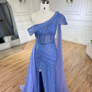 Arabic Blue One-Shoulder Yellow High-Split Mermaid Beaded Evening Gown for Women Wedding Party 2024