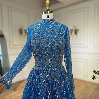 Muslim Elegant Blue A-Line Beaded Luxury Dubai Evening Dresses Gowns For Women Wedding Party 2024