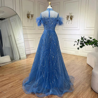 Arabic Blue A-Line Sleeveless Luxury Evening Dress: Beaded Feathers for Women's Wedding Party