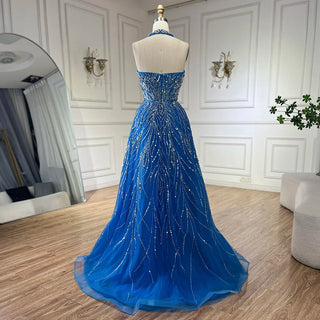 Ships in 1 to 3 Days - Elegant Blue Arabic A-Line Halter Gown Luxury Dubai Evening Dress for Women - Wedding Party 2024