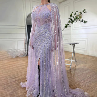 Lilac Mermaid Evening Gown 2024: Cape Sleeves, Luxury Beaded, Open Split for Women's Wedding Party