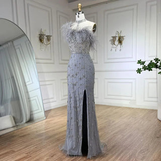 Gray Elegant Halter Feathers Beaded Luxury Mermaid High Split Evening Dress: Party Gown for Women