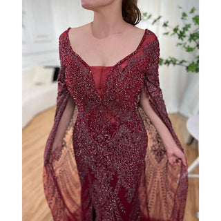 Wine Red Luxury Cape Sleeve Evening Gown 2024 - Beaded Mermaid Elegant Dress for Women's Party