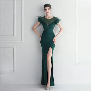 Elegant Feather Crystal Evening Dress with Sexy Slit - Floor-Length Party Maxi Celebrity Dress