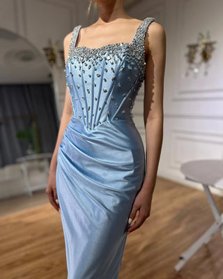 Saudi Blue Crystal Beaded Spaghetti Strap Mermaid Evening Dress Gown with Split for Formal Occasion