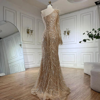 2024 Arabic Nude One Shoulder Beaded Feathers Luxury Dubai Evening Gown for Women's Party