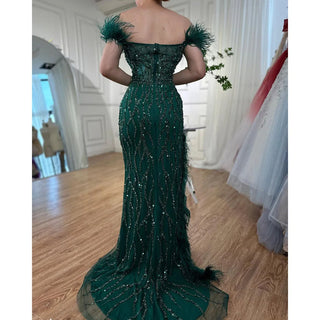 Green Mermaid High Split Evening Dress - Luxurious Beaded Feather Embellishments for Women's Wedding, Prom, or Party 2024