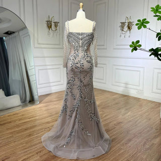 Arabic Silver Nude Mermaid Luxury Beaded Elegant Dubai Evening Dress - Gown for Women's Wedding Party 2024