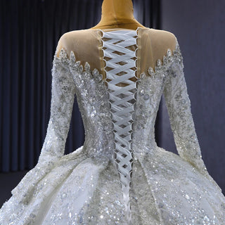 Gorgeous Sequins Beaded Long Sleeve Puffy Ball Gown Wedding Dress