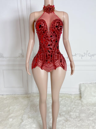 Dazzling Red Sequin and Bead Embellished Mini Dress with Sheer Panels and High Neck