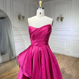 2024 Arabic Fuchsia A-Line Elegant Satin Strapless Evening Dresses: Gowns For Women Wedding Party