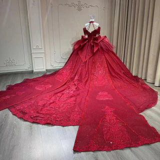 Luxury Halter Off-Shoulder Red Evening Gown with Long Tail