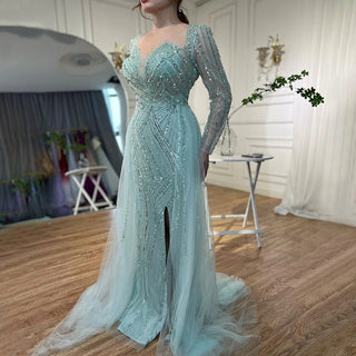 Arabic Turquoise Mermaid Evening Gown 2024: Beaded Open Split for Women's Wedding Party