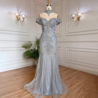 Luxurious Silver Mermaid Evening Dress - Pearls and Beaded Elegance for Women's Wedding Party