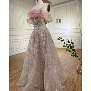 Blush Pink Sleeveless A-Line Boat Neck Beaded Luxury Feathers Evening Dress - 2024 Collection