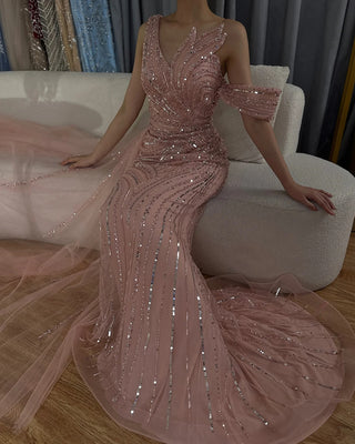 Ships in 1 to 3 Days - 2024 Arabic Pink Mermaid Evening Gown with One Shoulder and Beaded Detailing - Elegant Long Dress for Formal Occasions