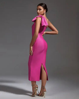 Verano One-Bow Shoulder Sleeveless Slim Fit Midi Casual Dress - Rose Red Bodycon Bandage Dress for Women