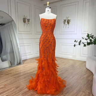 Sunkissed Glamour: Orange Spaghetti Strap Mermaid Evening Gown - Luxury Feather and Bead Detail for Women's Wedding Party