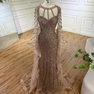 Ships in 1 to 3 Days - 2024 Arabic Caramel Mermaid Evening Gown with Beaded Cape Sleeves - Elegant Dress for Formal Occasions