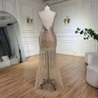 2024 Gold Mermaid Spaghetti Strap Side Slit Beaded Luxury Evening Dresses Gowns for Women Wedding Party