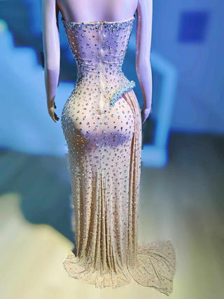 Strapless Sheer Crystal-Embellished Gown with Dramatic Side Slit