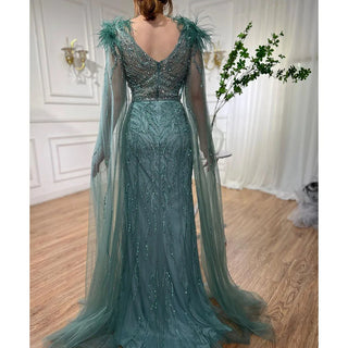 Arabic Blue Mermaid Elegant Cape Sleeves Feather Luxury Beaded Evening Dress - 2024 Collection