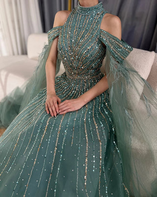 Ships in 1 to 3 Days - 2024 Arabic Turquoise A-Line Evening Gown with Beaded Cape Sleeves and Feather Details for Wedding Parties