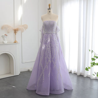 Luxury Dubai Beaded Arabic Lilac Evening Dress with Sleeves and Strapless Design - Women’s Wedding Party Gown