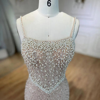 Nude Mermaid Evening Gown - Elegant, Luxurious, Pearls Beaded. Perfect for Women's Wedding Party in 2024