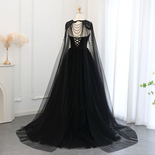 Gothic Black Tulle Arabic Evening Dress with Cape Sleeves Elegant Women 2024 Luxury Dubai Formal Party Gowns