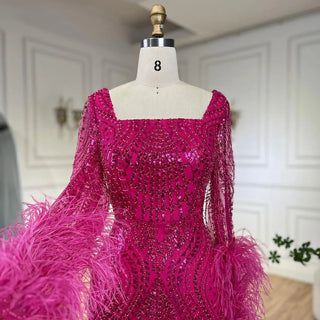 Muslim Fuchsia Luxury Beaded Feathers Mermaid Women Wedding Party Dubai Gowns Long Evening Dresses 2024