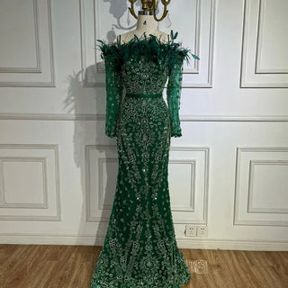 Luxury Dubai Green Boat Neck Mermaid Elegant Feathers Beaded Evening Dresses Gowns For Woman Wedding Party