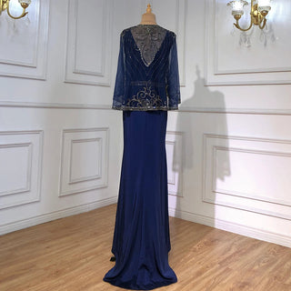 Navy Blue Satin Mermaid Elegant Evening Gown 2024 - Beaded Shawl Yarn Sexy Dress for Women's Party