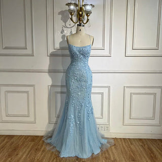 2024 Blue Mermaid Spaghetti Strap Beaded Luxury Evening Gown with Lace-Up Back for Women's Wedding Party