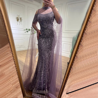 Elegant Arabic Purple Mermaid Evening Dress with Cape Sleeves - Beaded Luxury Gown for Women's Wedding Party 2024