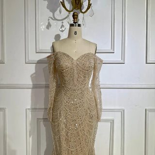 Ships in 2 to 5 Days - Nude Mermaid Beaded Evening Dress with Detachable Skirt for Formal Occasions