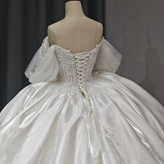 Beautiful Ivory Off-Shoulder Satin Ball Gown with Pearl Detailing for Weddings