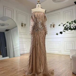 Ships in 1 to 3 Days - 2024 Arabia Gold Mermaid Luxury Beaded Off-Shoulder Dubai Evening Dress - Gown for Women's Wedding Party