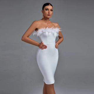 Strapless Feather-Trimmed Bodycon Midi Dress for Women 2024