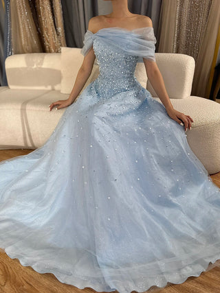 Ships in 1 to 3 Days - 2024 Arabic Blue Off-The-Shoulder Beaded A-Line Evening Dress - Elegant Long Gown for Formal Occasions