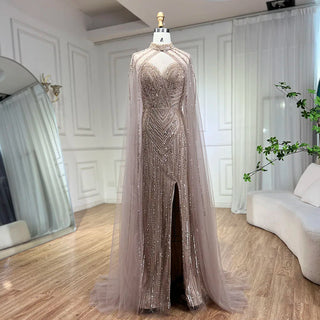 Ships in 1 to 3 Days - Caramel Cape Sleeves Mermaid High Split Beaded Evening Dress - Long Celebrity Gown for Woman Party