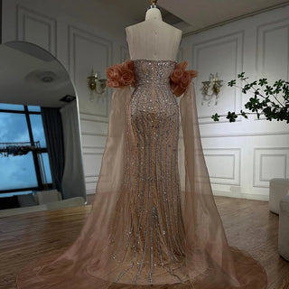 Ships in 1 to 3 Days - 2024 Arabic Pink Strapless Beaded Mermaid Evening Gown Vintage Half Puff Sleeve Dress for Women's Party