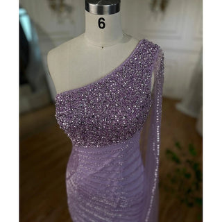 Lilac Mermaid Elegant One-Shoulder High Split Beaded Evening Dress - Women's Wedding Party 2024